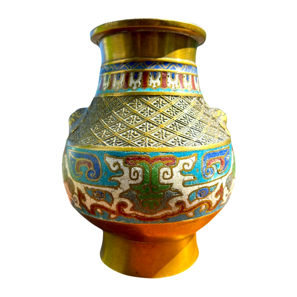 Chinese Patinated Bronze Champleve Enamel Vase